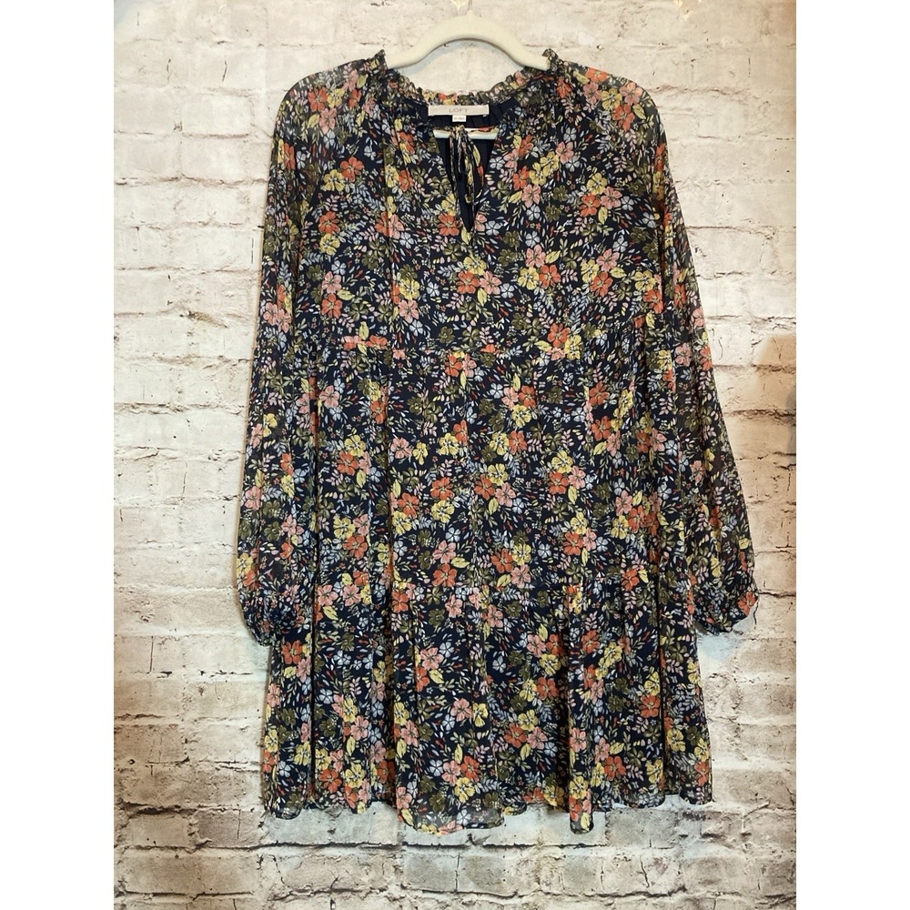LOFT Babydoll Dress XS Black Micro Floral Tiered‎ Dark Romantic Flowy Tie Neck